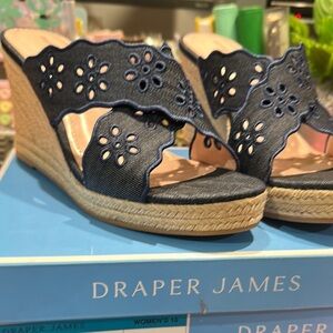 Draper James Blue Wedge Sandals with Floral Cutouts